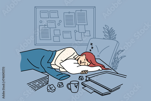 Tired businesswoman sleeps on office desk among papers and kanban board, due to burnout caused by strict deadlines. Sleeping clerk girl is forced to stay overnight at work because of deadlines