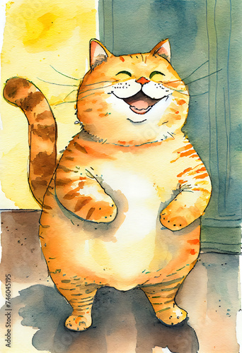 Happy cat watercolor background. AI generated