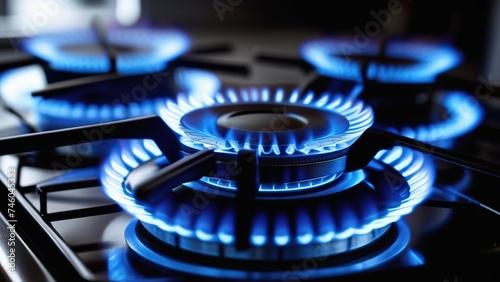 A concept photo for gas, bill costs, price increases, heat and the environment. Close-up of the blue gas on the stove at home,