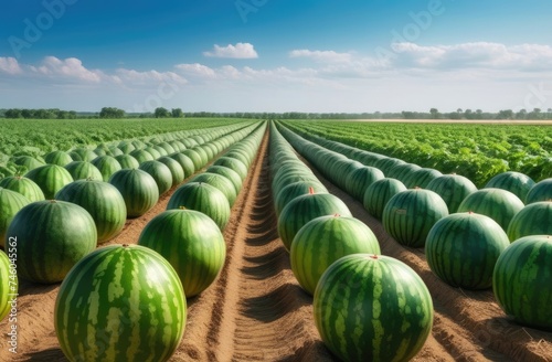 watermelon cultivation, watermelon plantation, watermelon field to the horizon, harvesting, sunny day