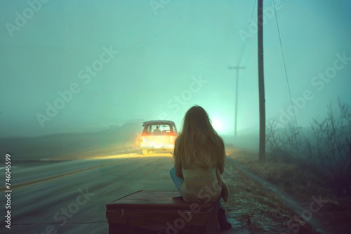 A woman sits forlornly on a dark suitcase by the side of a desolate road, a cars taillights  in the foggy distance ahead of her, suggesting she has been left behind after a fight with her couple.