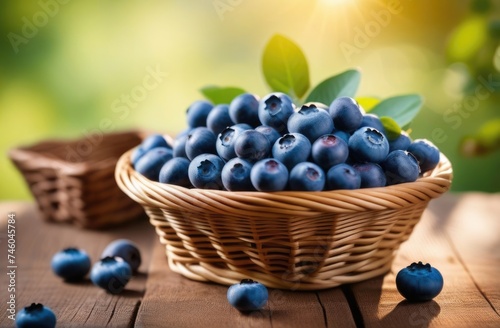 wicker basket with blueberries, ripe blueberries, blueberry bushes on the background, orchard, sunny day