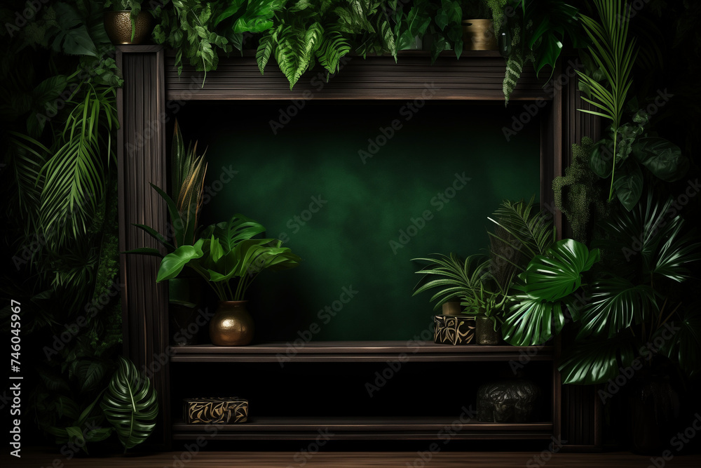 Wooden shelf in tropical forest for product presentation and dark green background Wooden shelf in tropical forest for product presentation and dark green background
