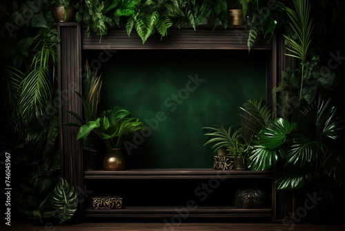 Wooden shelf in tropical forest for product presentation and dark green background