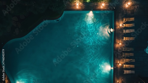 Top view of sparkling lights reflecting off the pool's water at night