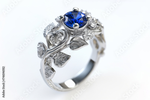 Silver or white gold ring with diamonds and blue sapphires closeup. Precious gems and metals, natural gemstone jewelry