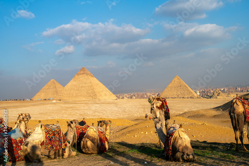 Pyramids of Giza  pyramid complex consist of three pyramids  Menkaure  Khafre or Chephren  and the Great Pyramid of Giza  the largest Egyptian pyramid served as the tomb of Pharaoh Khufu  Giza  Egypt