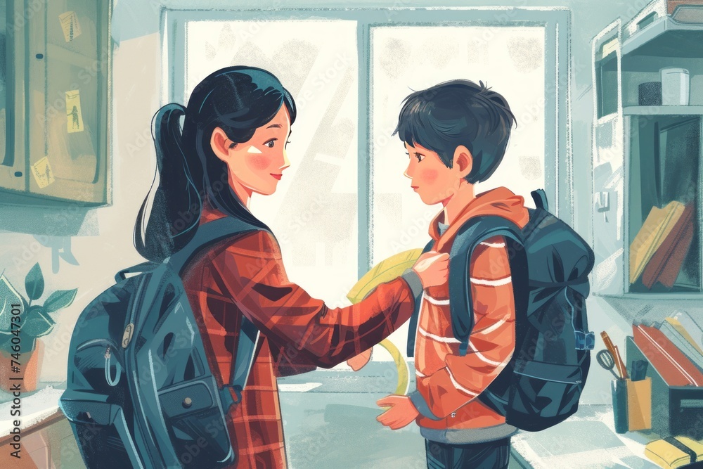 Obraz premium illustration of a mother and her child getting ready to go on a trip carrying backpack