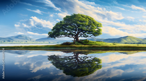 The Resilient Lone Tree: An Exquisite Reflection of Nature's Grandeur by A Serene Lake © Jon