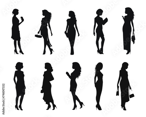 A lot of vector black silhouettes of beautiful womans on white background