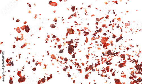 Close up ground sumac spice, pile isolated on white, top view, macro