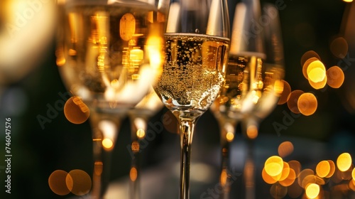 Wallpaper Mural Close-up of several glasses of sparkling wine. The glasses are full and contain golden sparkling liquid. The background is blurred, there are bright lights in the distance. Torontodigital.ca
