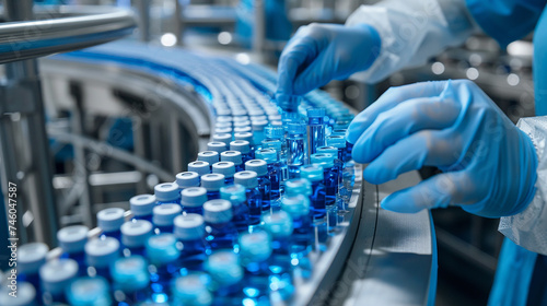 Wearing blue sanitary gloves, inspecting blue medicine bottles on the production line at a pharmaceutical factory.