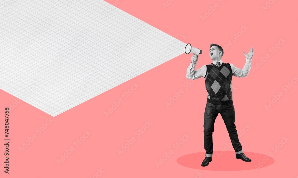 Image collage of young man shouting in a megaphone Image collage of young man shouting in a megaphone