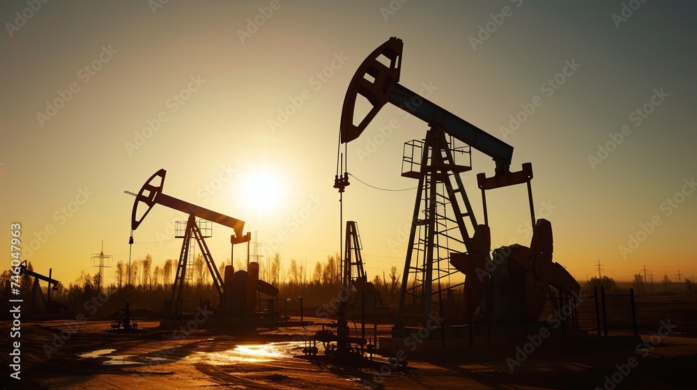 oil pumps in operation silhouetted against the sun