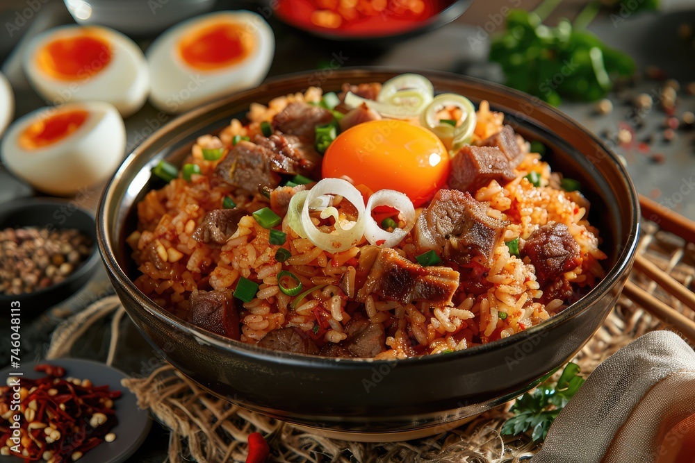 A Fragrant Rice Dish Cooked with Tender Meat Pieces, Aromatic Spices, Fried Onions A Fragrant Rice Dish Cooked with Tender Meat Pieces, Aromatic Spices, Fried Onions