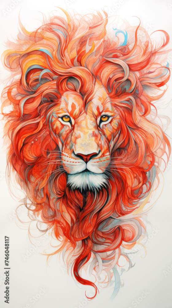 Modern Watercolor Fire Lion Print.