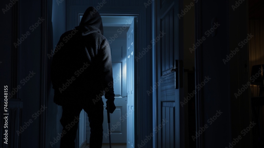 a person in a hoodie walking in a dark room
