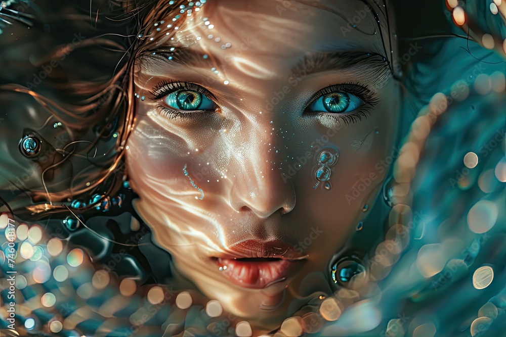 Mermaid Looks from Water, Young Girl Beautiful Face, Big Eyes Underwater, Mermaid Portrait Closeup Mermaid Looks from Water, Young Girl Beautiful Face, Big Eyes Underwater, Mermaid Portrait Closeup