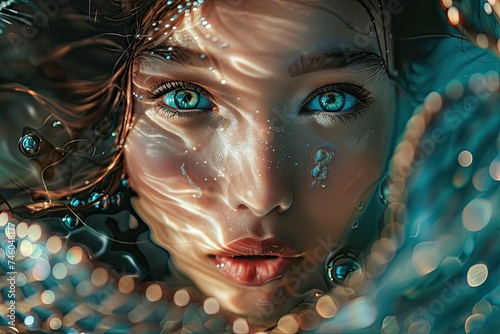 Mermaid Looks from Water  Young Girl Beautiful Face  Big Eyes Underwater  Mermaid Portrait Closeup