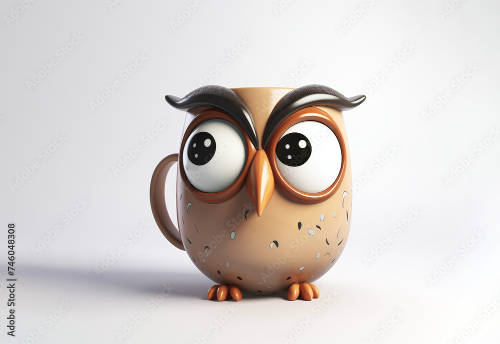 Funny, coffee mug in the shape of an owl, cartoon eagle owl on a white background for drinks Funny, coffee mug in the shape of an owl, cartoon eagle owl on a white background for drinks