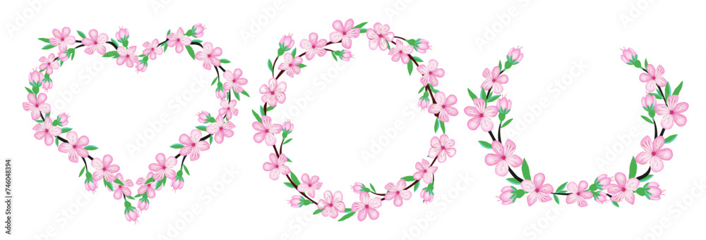 Sakura pink cherry blossom flower branch wreath set, isolate on white background for wedding card, invite, fabric design, scrapbook, origami. Vector japan style spring background.