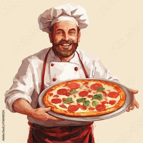 Chef with dish. Smiling cook with prepared pepperoni pizza, white uniform italian, french restaurant cafe delicious food fresh from stove, fresh baking vector style.