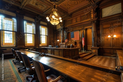 American Courtroom, Empty Courthouse, Supreme Court of Law and Justice Trial Stand, Grand Wooden Interior