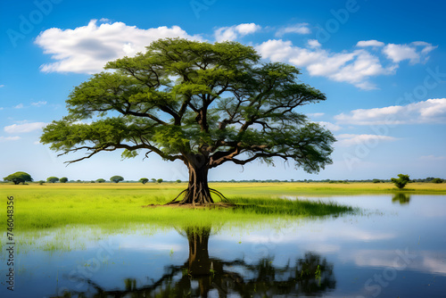 The Resilient Lone Tree: An Exquisite Reflection of Nature's Grandeur by A Serene Lake