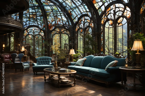 Living room interior with stained glass roof in Gothic style