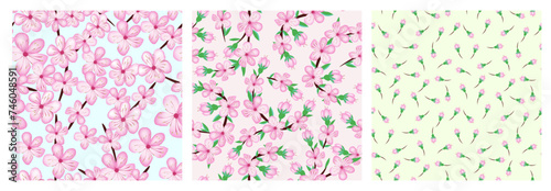Sakura cherry blossom flower seamless pattern on light background for card , invite, fabric design, scrapbook, origami . Vector japan style spring background