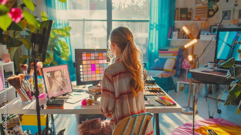 A blogger creating content for their beauty channel, surrounded by colorful makeup palettes and brushes in a well-lit studio - obrazy, fototapety, plakaty 