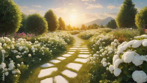 A heavenly landscape with abundant golden sunshine and white fluffy clouds. White flowers. Sidewalks paved with pure gold. Senic. Heaven. Paradise. Realistic. Serene. 8k photo