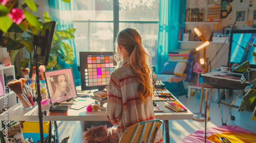 A blogger creating content for their beauty channel, surrounded by colorful makeup palettes and brushes in a well-lit studio photo