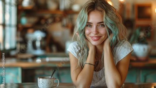 Smiling woman with turquoise hair in cafe - A joyful young woman with turquoise dyed hair and a casual outfit sits in a cozy cafe setting, her hands under her chin, with a mug on the table photo