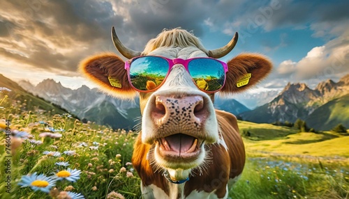 cow with colorful sunglasses, epic nature background