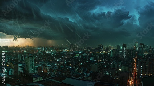 Stormy cityscape with dramatic rain clouds - A breathtaking city panorama under the siege of a heavy rainstorm depicting an elevated urban environment