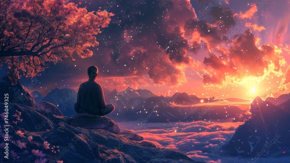 Meditative figure under a surreal sky - A person in a meditative pose overlooking a mesmerizing sunset with surreal pink clouds above peaceful mountains