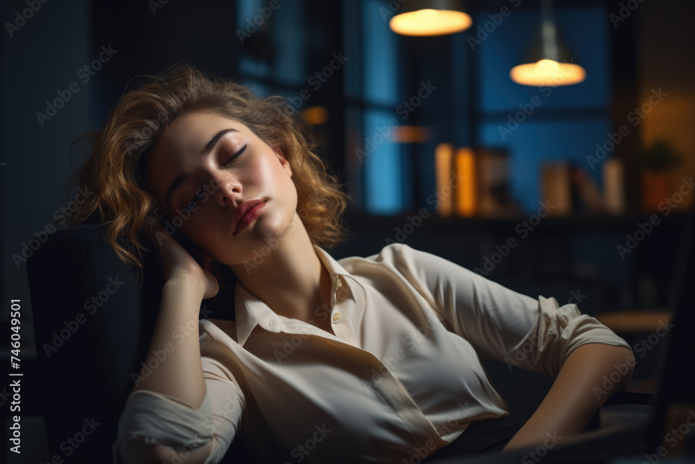 Obraz premium Overtired woman rests her head on her hand as she falls asleep at table
