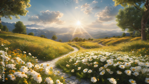 A heavenly landscape with abundant golden sunshine and white fluffy clouds. White flowers. Sidewalks paved with pure gold. Senic. Heaven. Paradise. Realistic. Serene. 8k photo