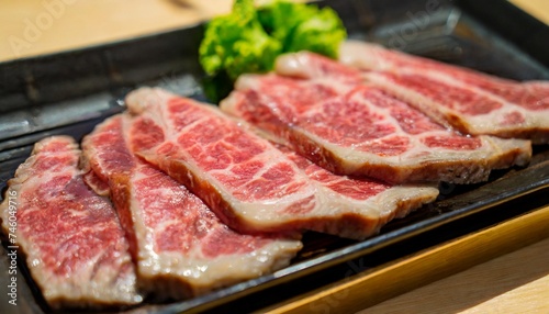 Asian sliced beef, delicious bbq. Restaurant grilled meal.