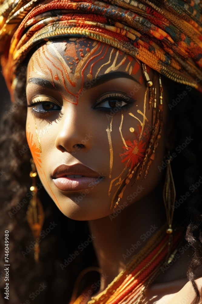 Close-up of a woman with elaborate headdress, showcasing intricate details and cultural significance Close-up of a woman with elaborate headdress, showcasing intricate details and cultural significance