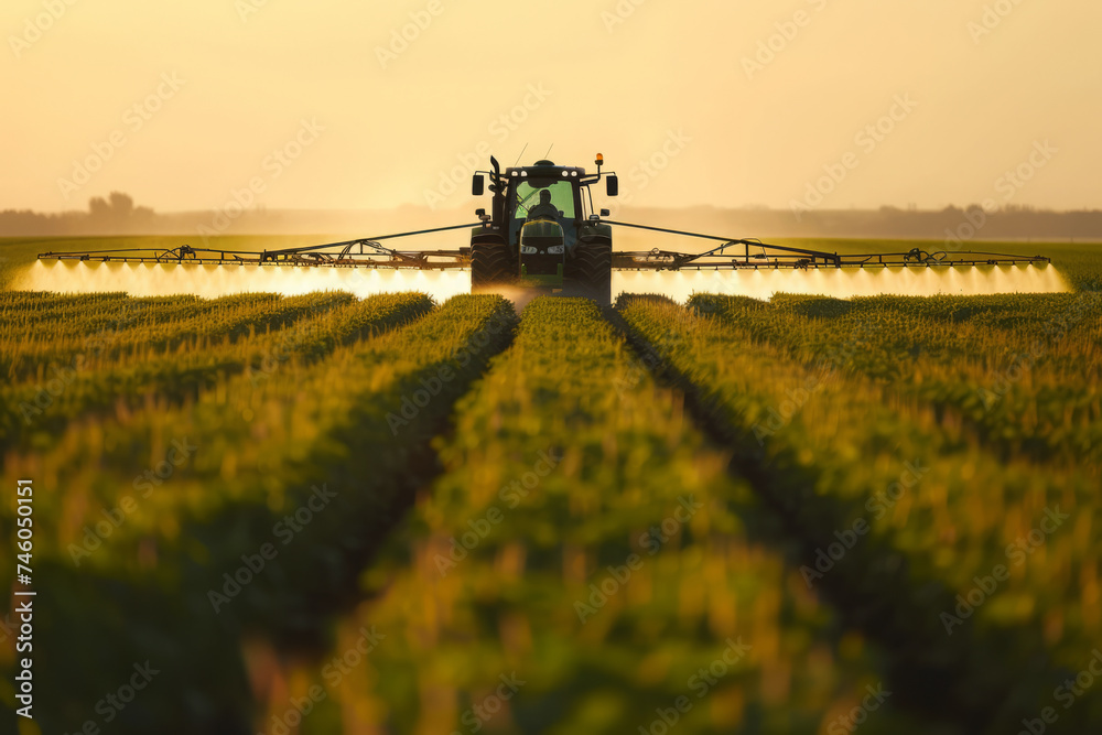 Fototapeta premium Farming tractor working on agricultural countryside area, Farm machinery spraying fertilize or pesticide on cultural field for good harvest