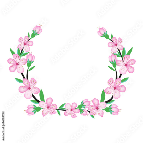Sakura pink cherry blossom flower branch wreath, isolate on white background for wedding card, invite, fabric design, scrapbook, origami. Vector japan style spring background.