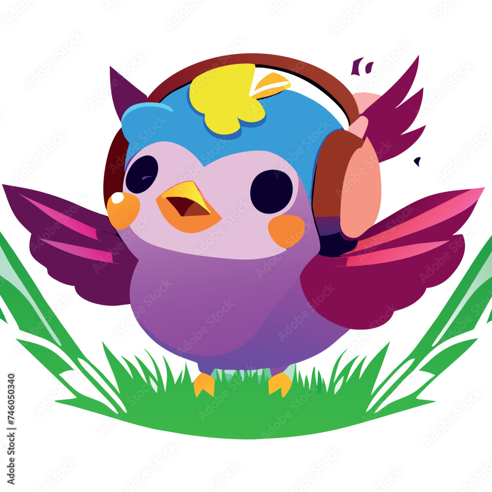 a colorful little bird with grass growing on its head, singing upside-down notes walking among spiderwebs, vector illustration kawaii