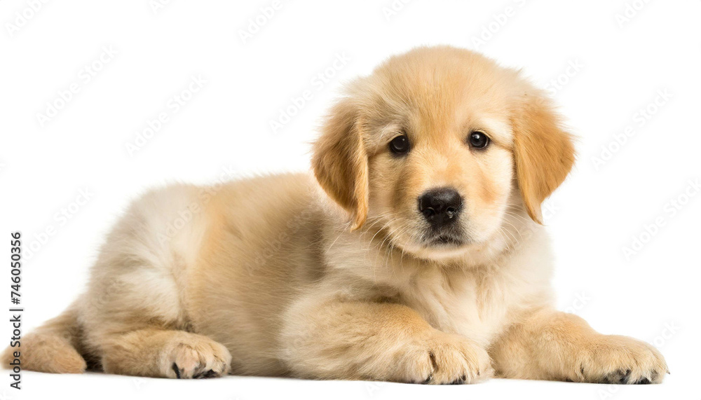 Golden retriever jungtier liegend isoliert auf weißen Hintergrund, Freisteller Golden retriever jungtier liegend isoliert auf weißen Hintergrund, Freisteller