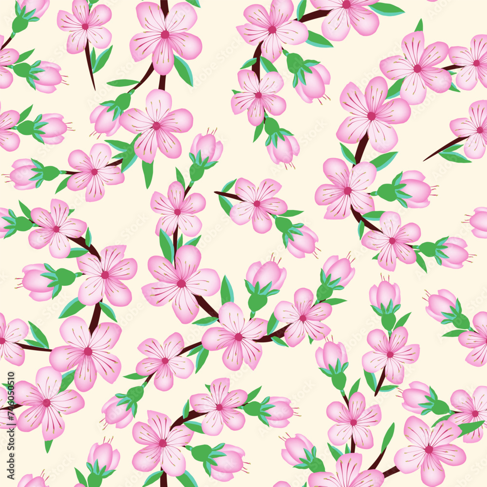 Sakura cherry blossom flower seamless pattern on light background for card , invite, fabric design, scrapbook, origami . Vector japan style spring background Sakura cherry blossom flower seamless pattern on light background for card , invite, fabric design, scrapbook, origami . Vector japan style spring background