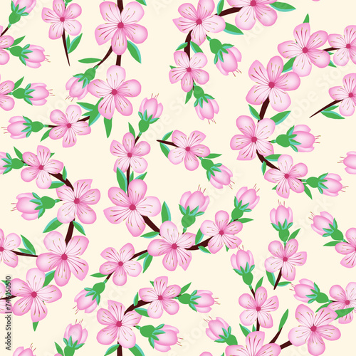 Sakura cherry blossom flower seamless pattern on light background for card , invite, fabric design, scrapbook, origami . Vector japan style spring background