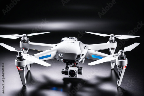Drone quadcopter with digital camera flying in the field.