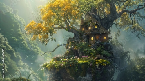 Fairy-tale treehouse amidst a magical forest - A whimsical treehouse perched atop a tree in a magical, sunlit forest, creating a scene right out of a fairy tale